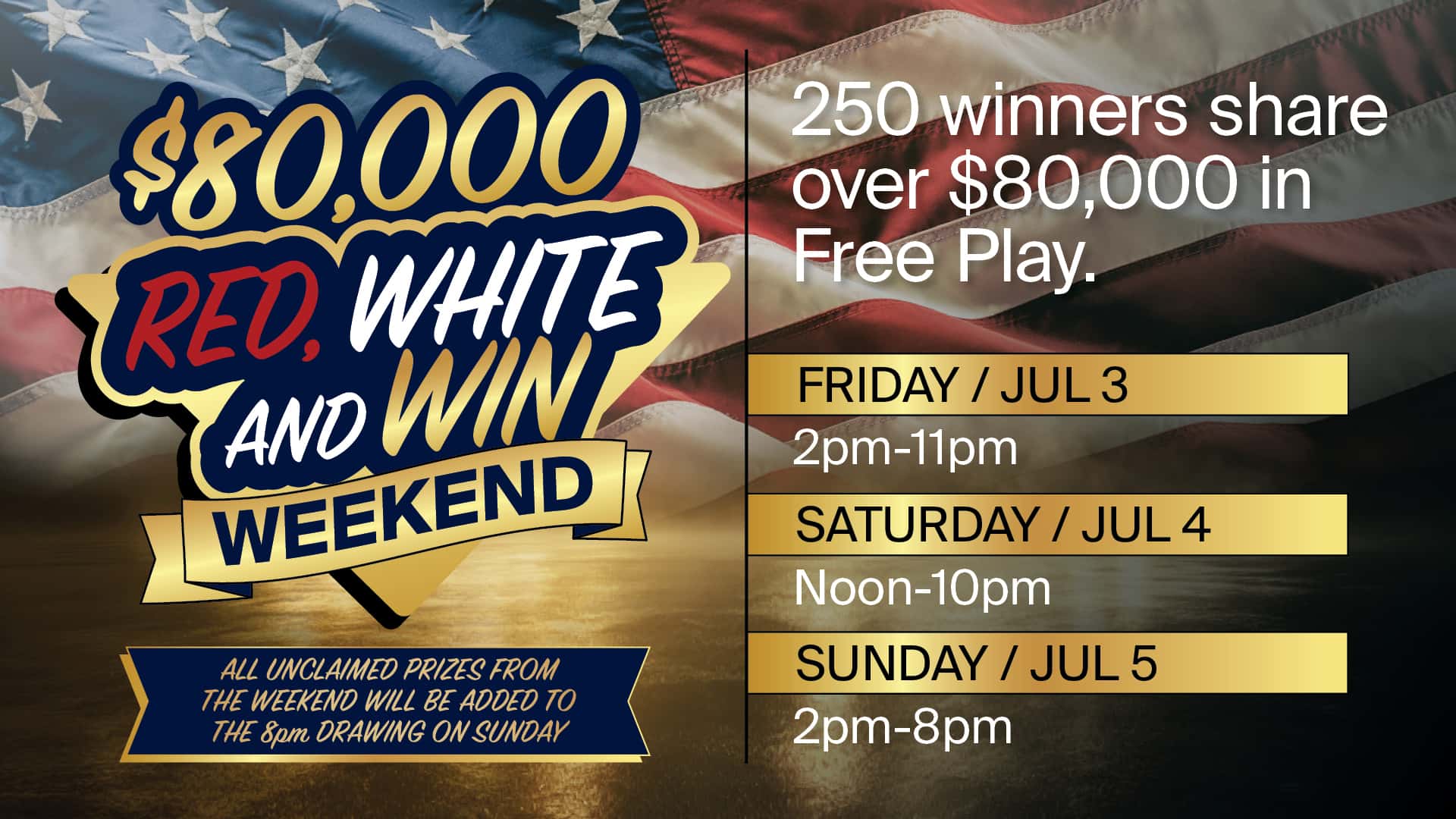FRIDAY-JULY-3-2pm-11pm-SATURDAY-JULY-4-Noon-10pm-SUNDAY-JULY-5-2pm-8pm Gulfstream Park Casino Promo $80K Red, White & Win Weekend
